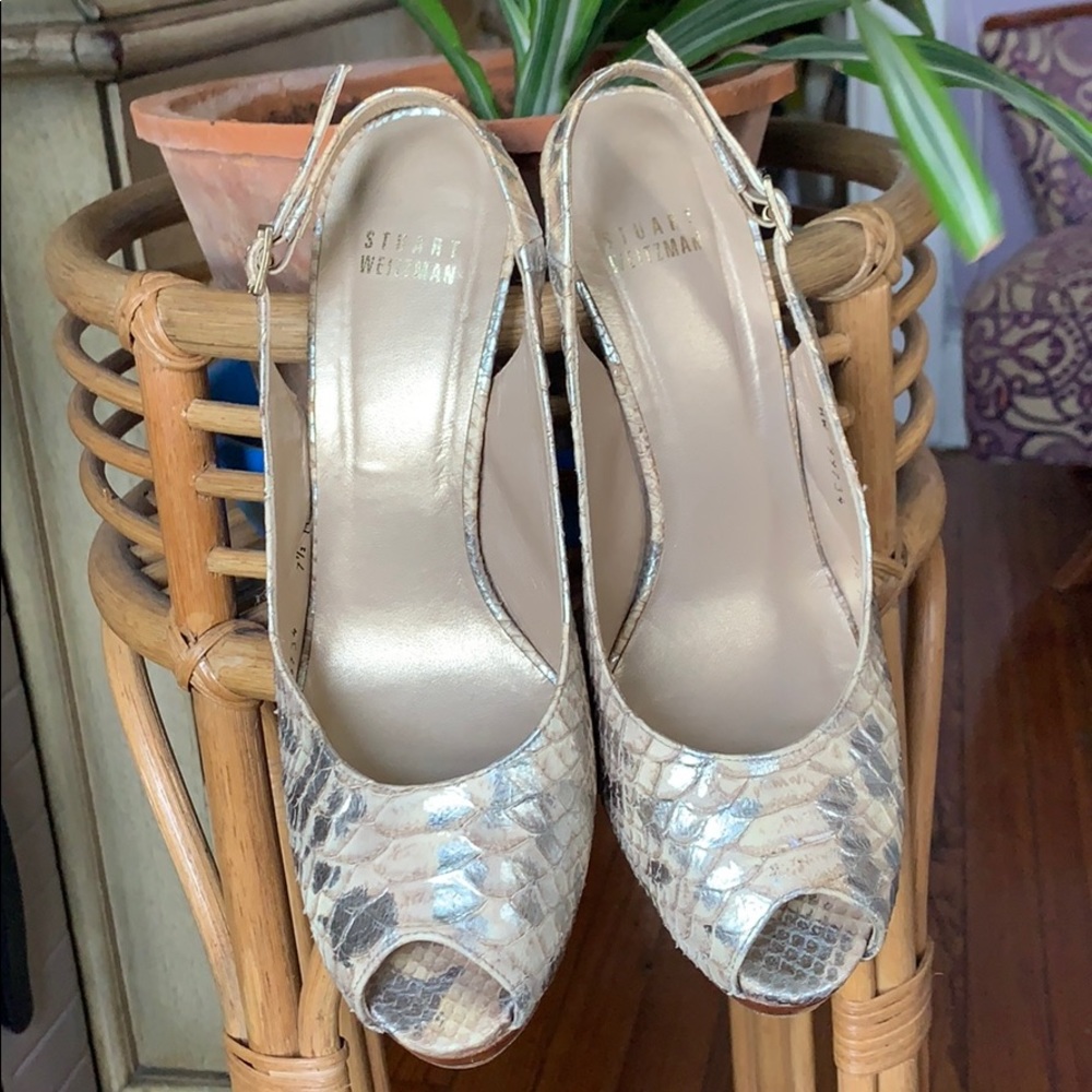Stuart Weitzman snake skin open toe pumps